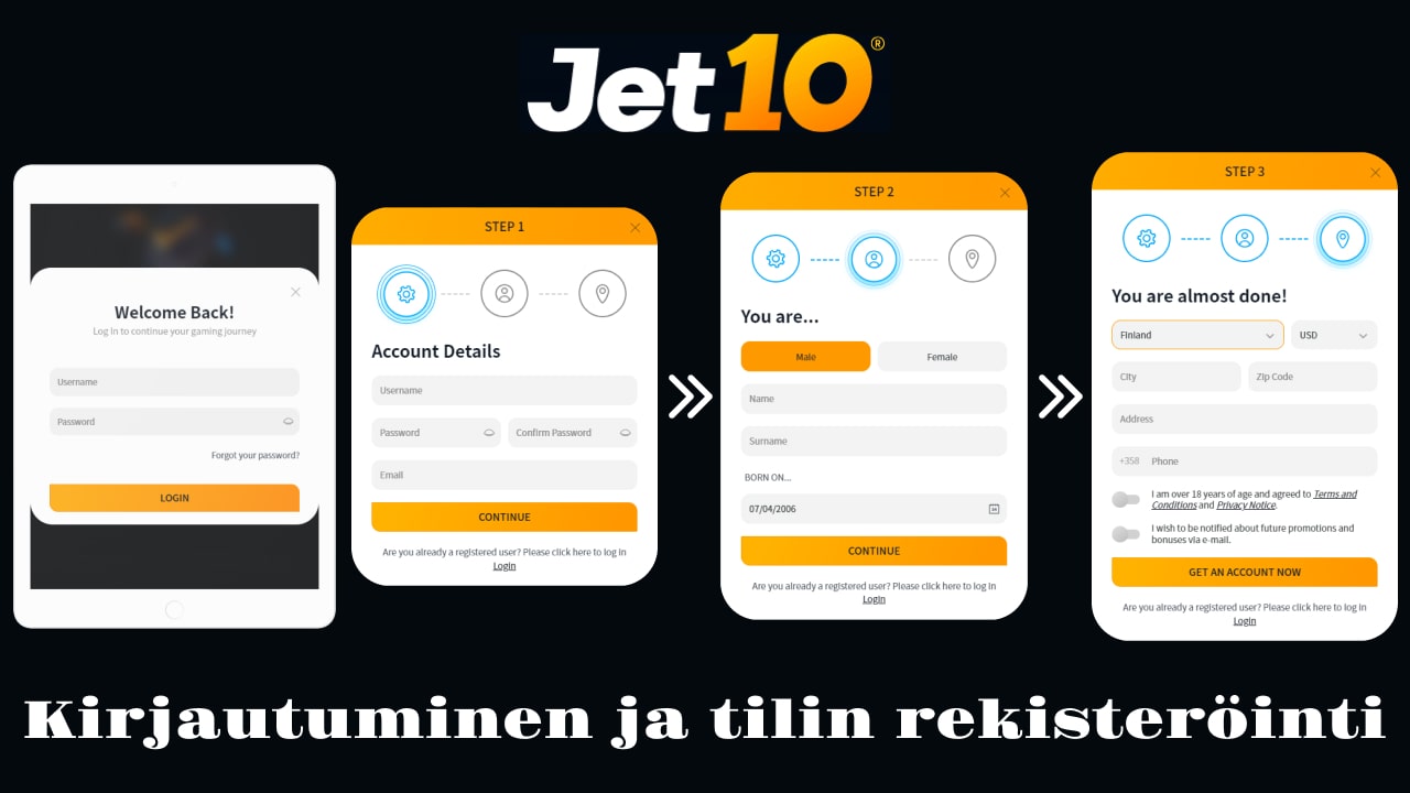 Jet10 kirjautuminen ja rekisteröityminen