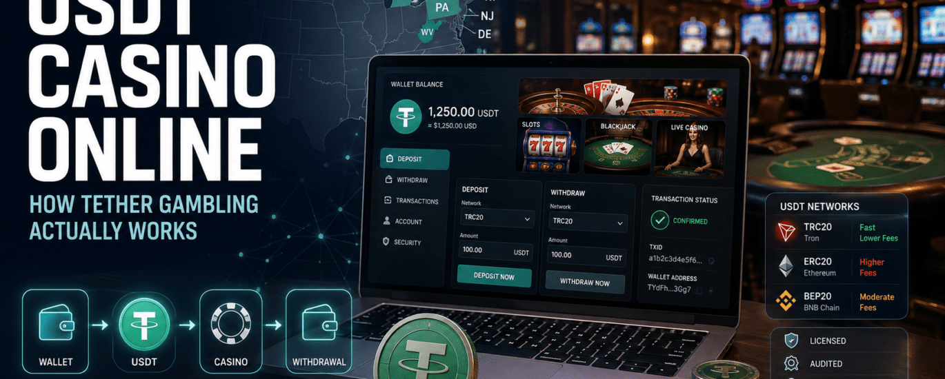USDT casino online guide showing Tether cryptocurrency and gambling chips