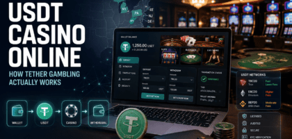 USDT casino online guide showing Tether cryptocurrency and gambling chips