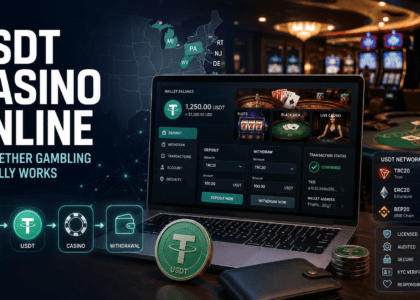 USDT casino online guide showing Tether cryptocurrency and gambling chips