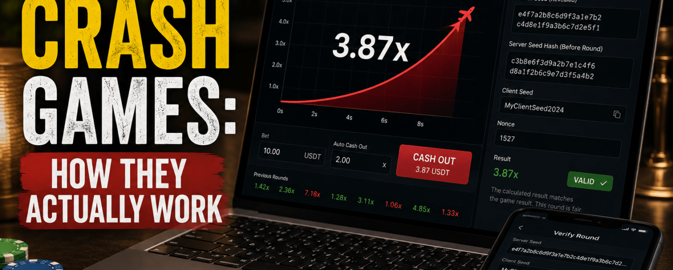 Provably fair crash games explained with multiplier chart and rocket graphic