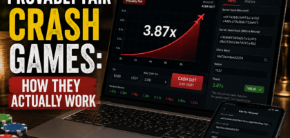 Provably fair crash games explained with multiplier chart and rocket graphic