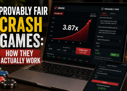 Provably fair crash games explained with multiplier chart and rocket graphic